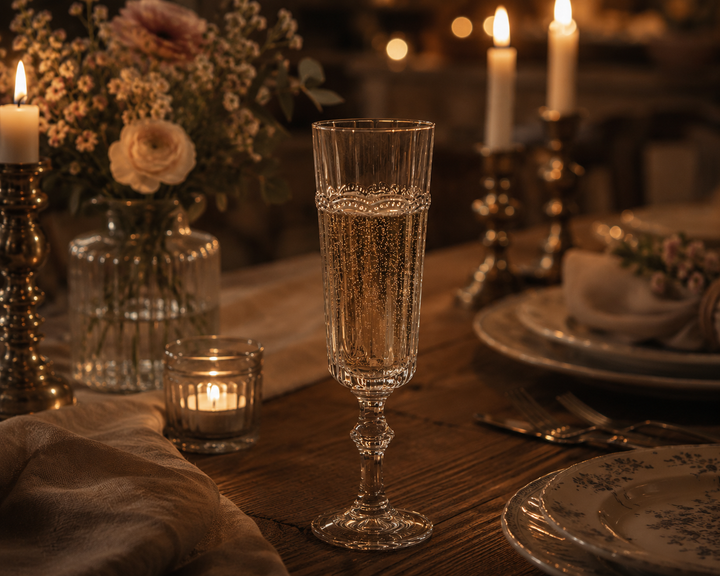Chic Antique Antoinette Champagnerglas mit Perlenkante in romantischer Candlelight Szene mit warmem Vintage Licht