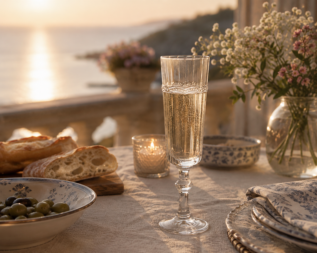Chic Antique Antoinette Champagnerglas mit Perlenkante auf mediterraner Sommerterrasse mit warmem Abendlicht und Meerblick