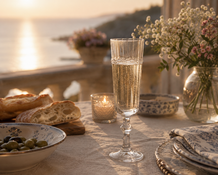 Chic Antique Antoinette Champagnerglas mit Perlenkante auf mediterraner Sommerterrasse mit warmem Abendlicht und Meerblick