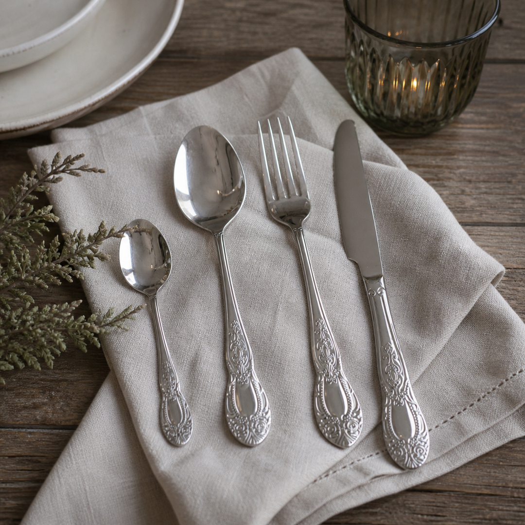 Chic Antique Besteck Set Silber glänzend mit Dekor auf Leinentuch im Landhausstil