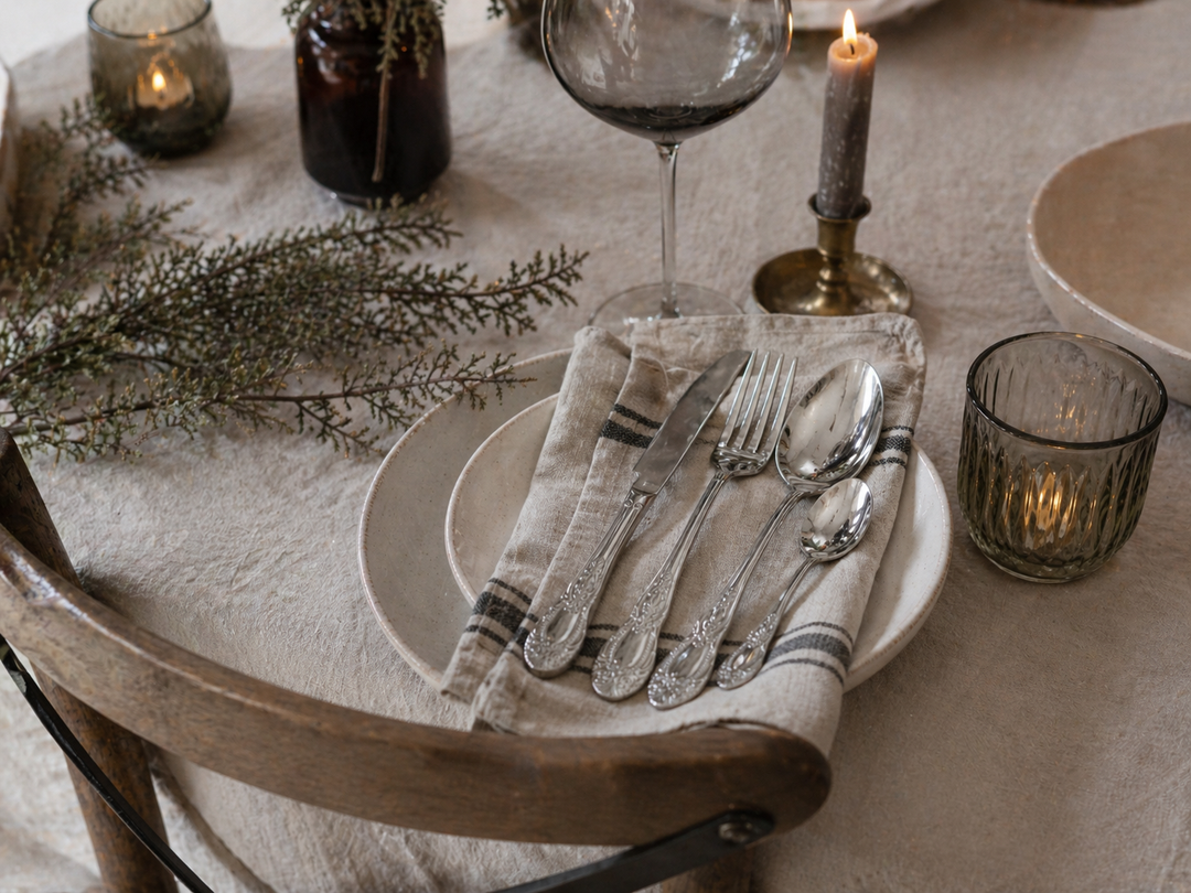 Chic Antique Besteck Set Silber glänzend mit Dekor auf gedecktem Tisch im Landhausstil