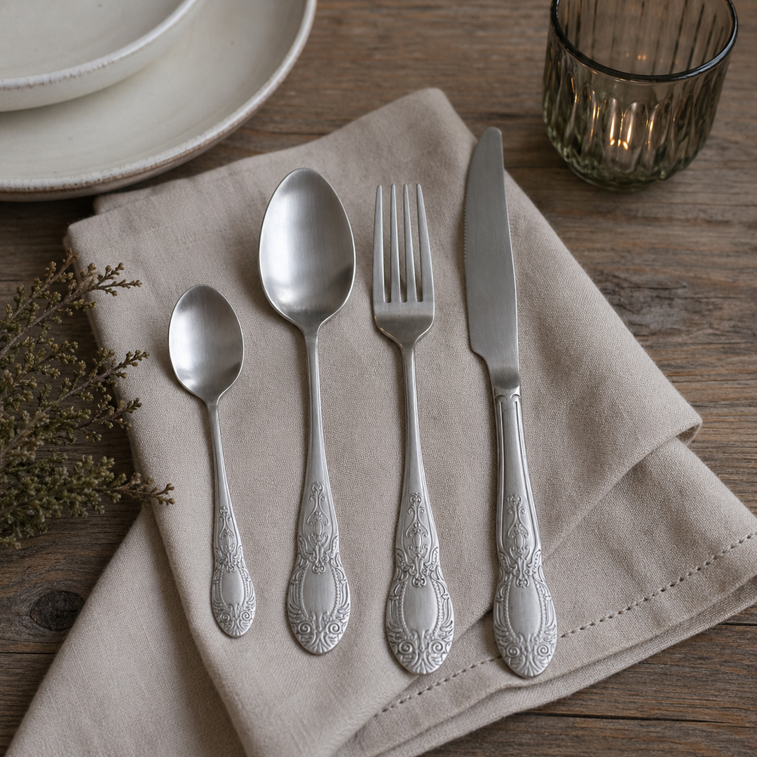 Chic Antique Besteck Set Silber matt mit Dekor auf Leinentuch im Landhausstil