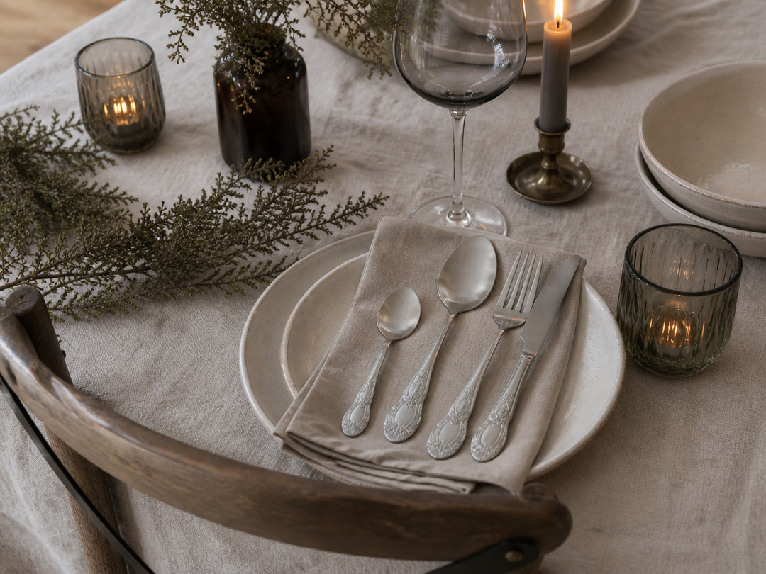 Chic Antique Besteck Set Silber matt mit Dekor auf gedecktem Tisch im Landhausstil