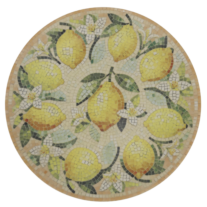 Chic Antique Chartres Tablett rund mit Zitronen-Mosaik in Draufsicht im mediterranen Stil