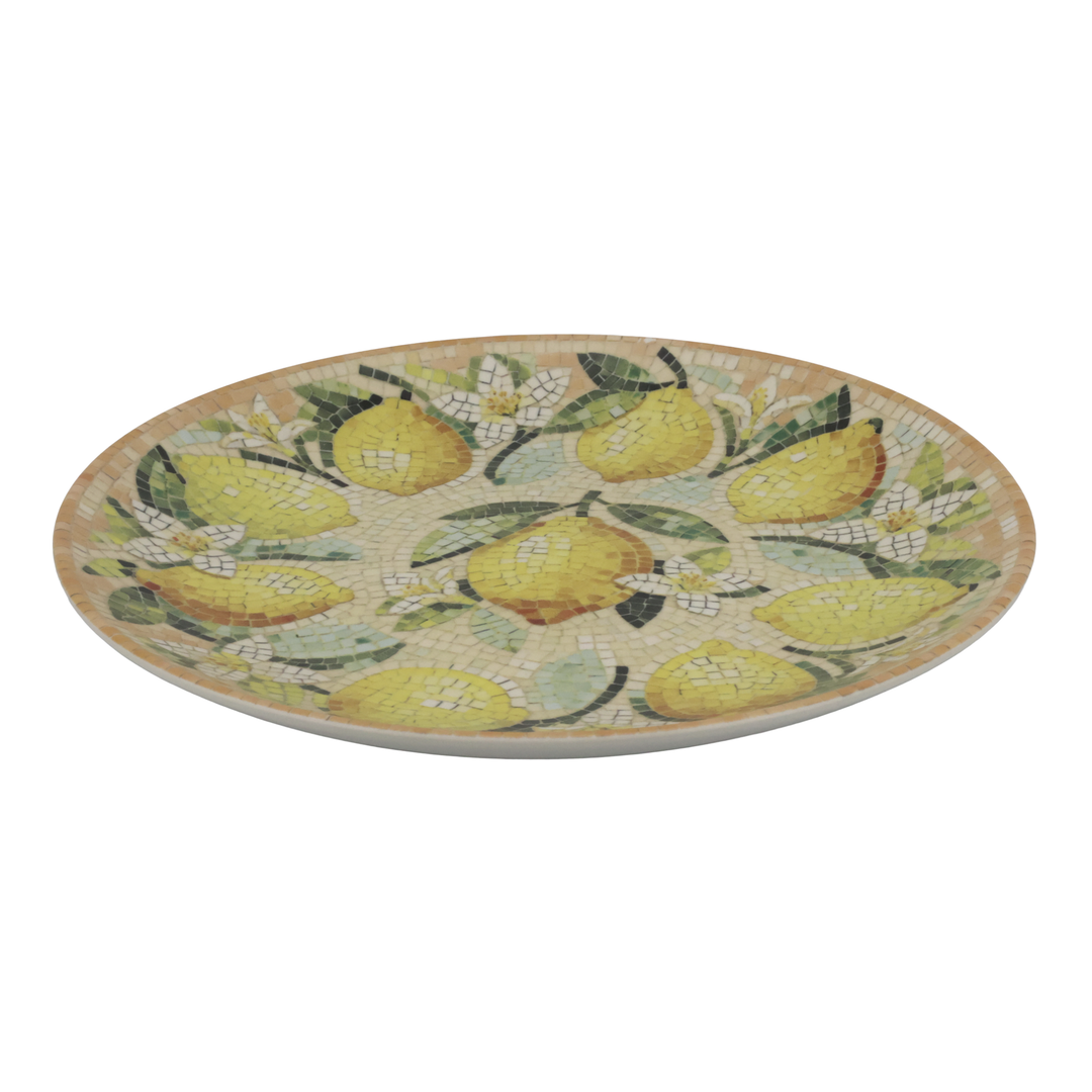 Chic Antique Chartres Tablett aus Steingut mit Zitronen-Mosaik in Melone und Creme seitlich aufgenommen