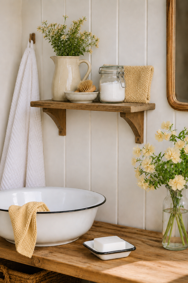 Chic Antique Éternel Geschirrtuch Honig im hellen Landhaus Badezimmer mit Holzregal und Keramikdeko