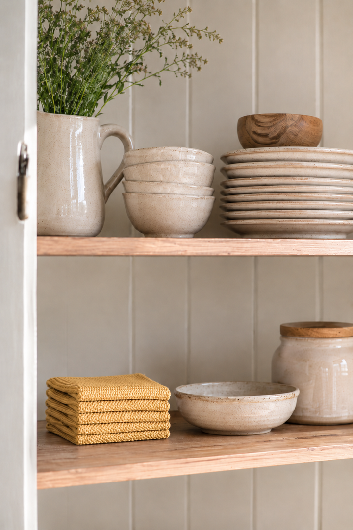 Chic Antique Éternel Geschirrtuch Honig als gefalteter Stapel im offenen Holzregal mit Keramik und Landhausstil Deko
