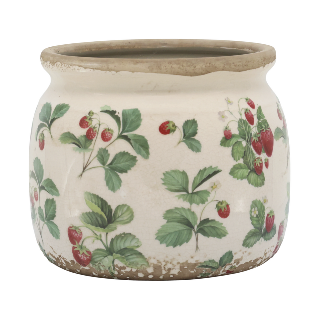 Chic Antique Fraises Übertopf aus Keramik mit Erdbeermotiv in Creme freigestellt