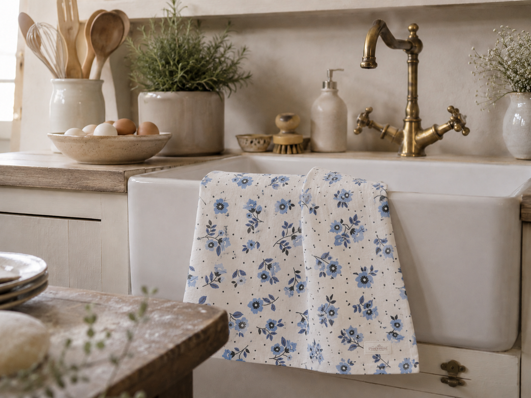 Chic Antique Geschirrtuch mit blauem Blumenmuster in heller Landhausküche am weißen Spülbecken dekoriert im skandinavischen Shabby Chic Stil