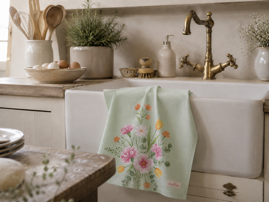 Chic Antique Geschirrtuch mit Blumenstrauß Motiv in mintgrün am weißen Spülbecken in heller skandinavischer Landhausküche dekoriert