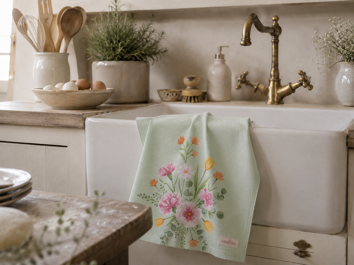 Chic Antique Geschirrtuch mit Blumenstrauß Motiv in mintgrün am weißen Spülbecken in heller skandinavischer Landhausküche dekoriert