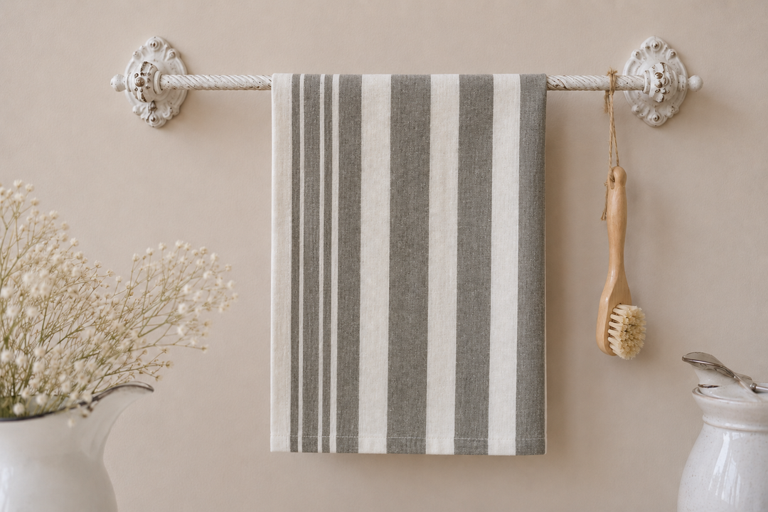 Chic Antique Geschirrtuch in Grau Weiß gestreift an nostalgischem Handtuchhalter im skandinavischen Landhausstil