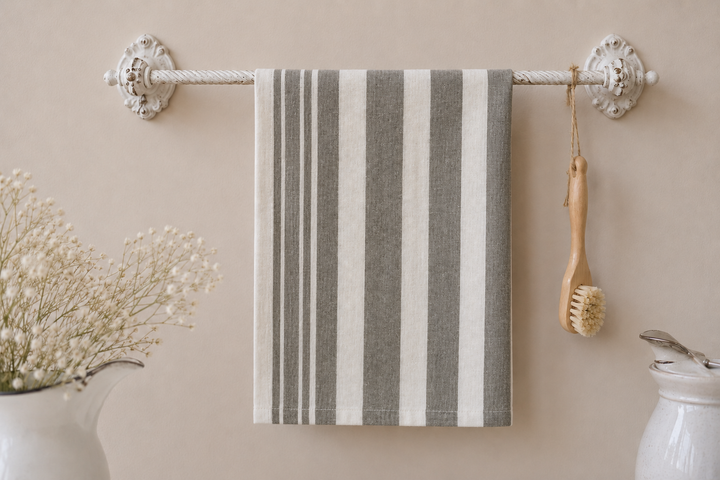 Chic Antique Geschirrtuch in Grau Weiß gestreift an nostalgischem Handtuchhalter im skandinavischen Landhausstil