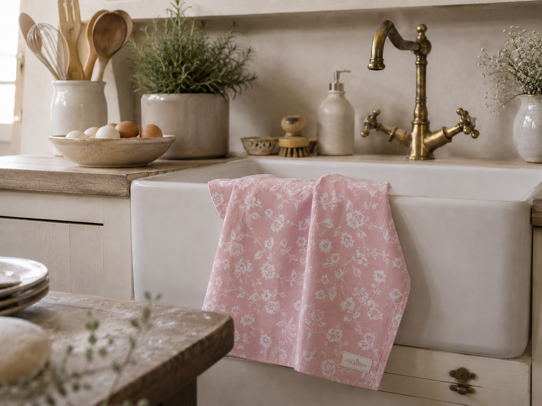 Chic Antique Geschirrtuch mit rosa Blumenmuster am weißen Spülbecken in heller Landhausküche im Shabby Chic Stil