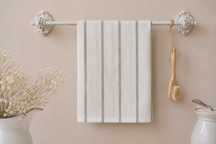 Chic Antique Geschirrtuch in Weiß mit olivgrünen Streifen an nostalgischem Handtuchhalter im skandinavischen Landhausstil