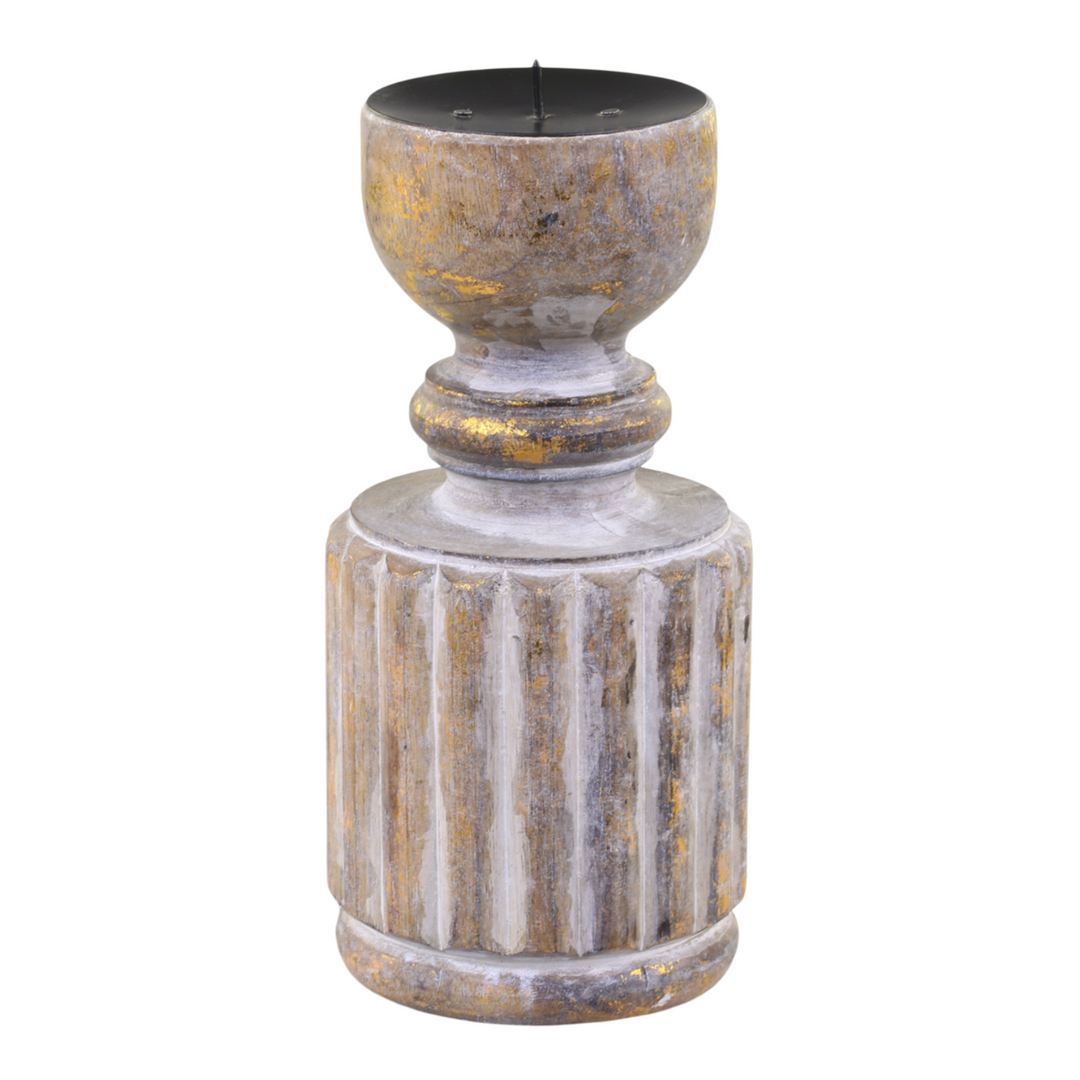 Chic Antique Kerzenständer aus Mangoholz und Eisen in Antique Natur mit geriffelter Struktur freigestellt