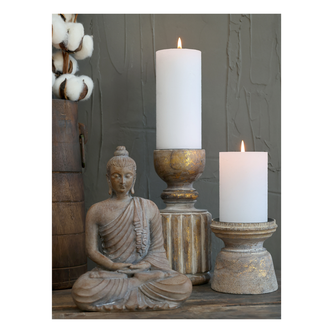 Chic Antique Kerzenständer mit Rillen aus Mangoholz und Eisen in Antique Natur mit Kerze als stilvolle Dekoration im skandinavischen Landhausstil