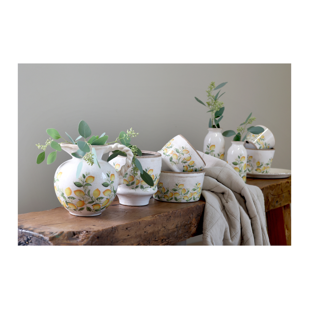 Chic Antique Limone Blossom Geschirr kombiniert mit Vase und Schalen Zitronenmuster Landhausstil