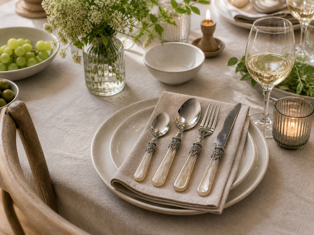 Chic Antique Linas Besteck Set in Champagner mit silbernem Dekor auf sommerlich gedecktem Tisch im Landhausstil mit Blumen und Geschirr