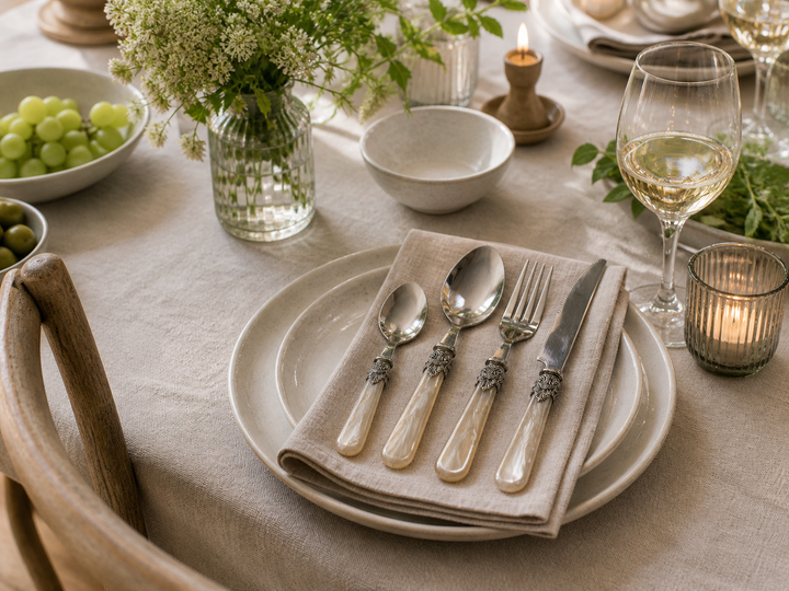 Chic Antique Linas Besteck Set in Champagner mit silbernem Dekor auf sommerlich gedecktem Tisch im Landhausstil mit Blumen und Geschirr