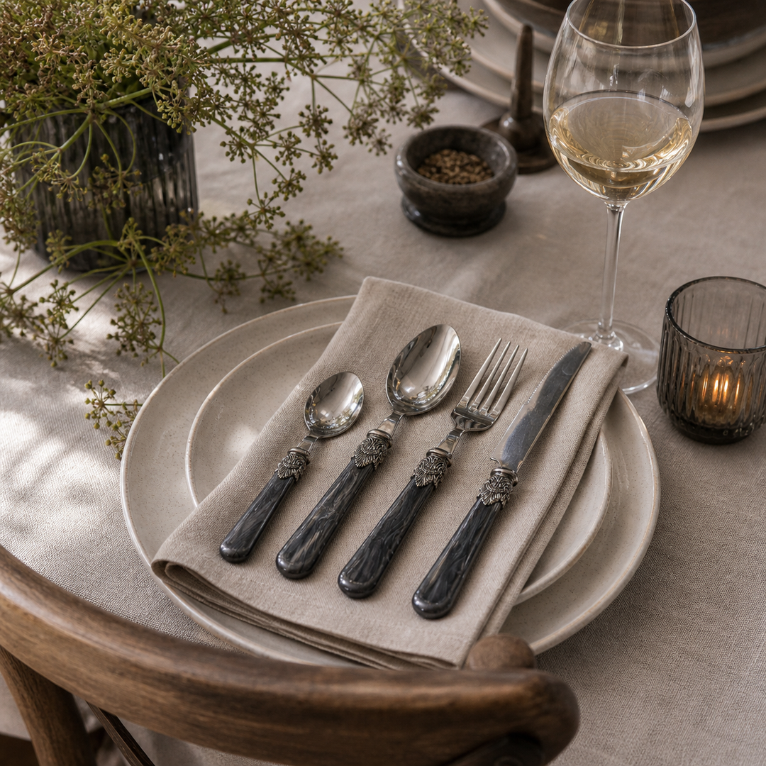 Chic Antique Linas Besteck Antique Kohle mit Silber Deko 4er Set auf Leinentuch dekoriert