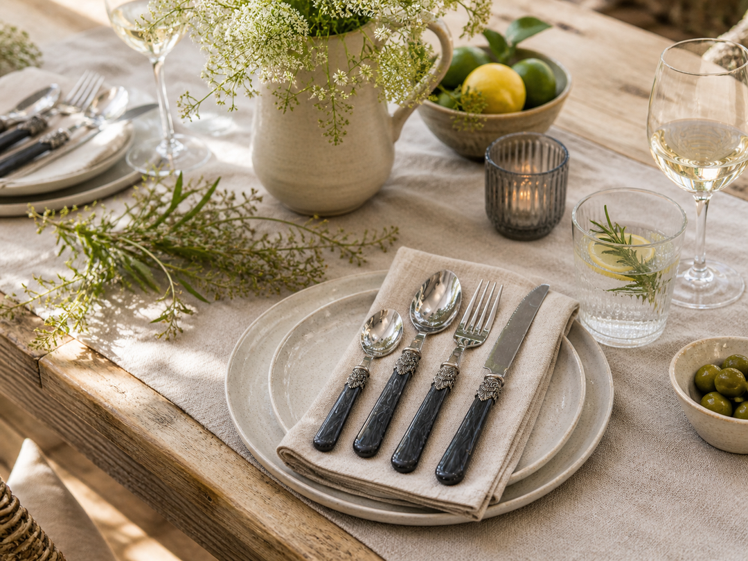 Chic Antique Linas Besteck Antique Kohle mit Silber Deko 4er Set auf sommerlich gedecktem Tisch im Landhausstil
