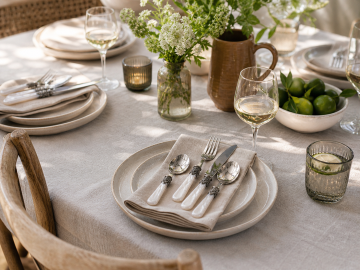 Chic Antique Linas Besteck Set mit Perlmutt Griff auf sommerlich gedecktem Tisch im Landhausstil mit Blumen und Geschirr