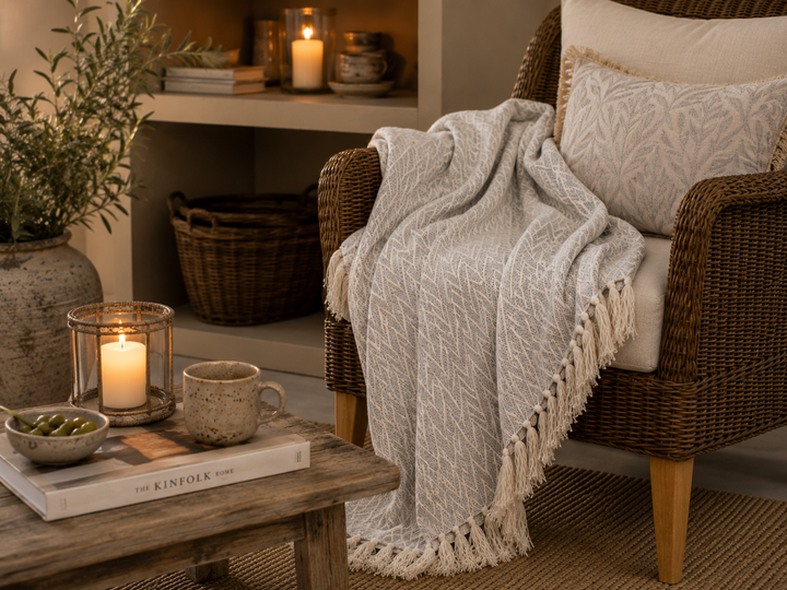 Chic Antique Plaid Tagesdecke Französisch Grau in gemütlicher Hygge Wohnszene mit warmem Licht und skandinavischer Atmosphäre