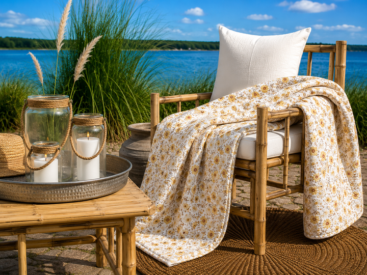 Quilt mit gelben Blumen im romantischen Landhausstil auf sommerlicher Terrasse