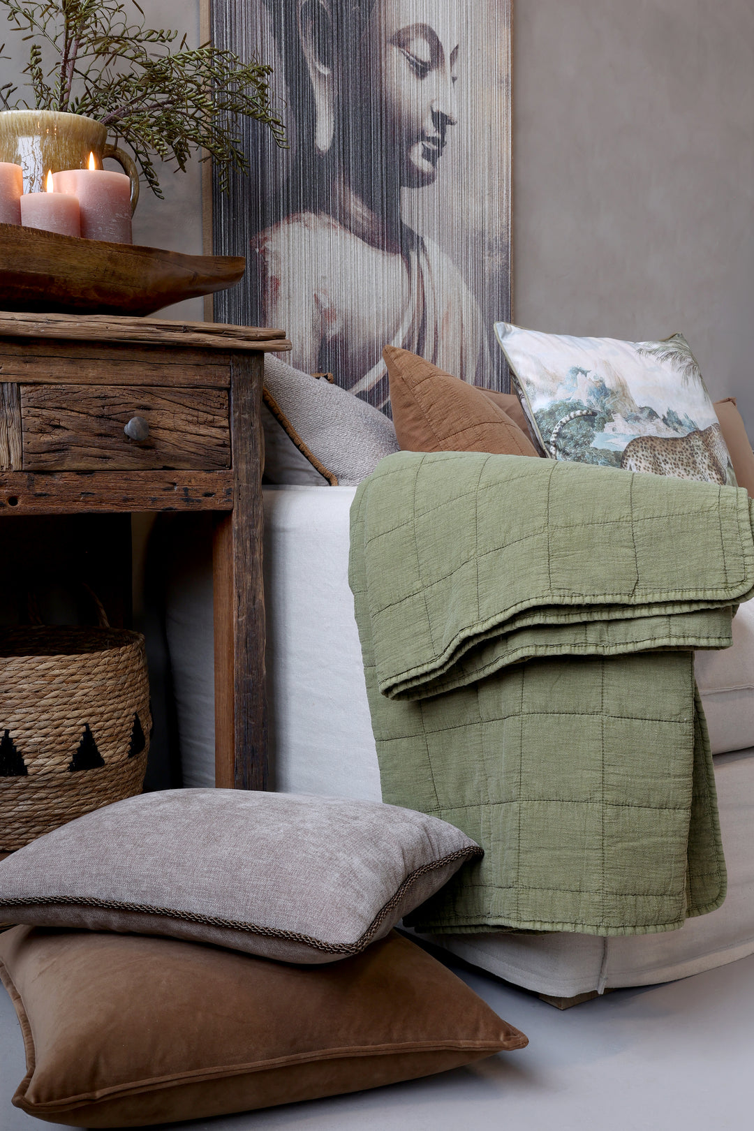 Olivgrüner Quilt Aix Vintage Olive von Chic Antique 130 × 180 cm