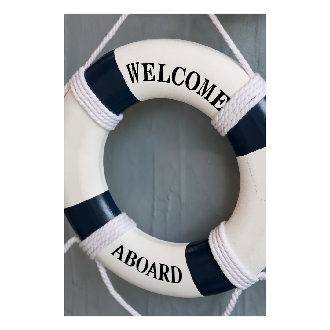 Chic Antique Rettungsring Deko ocean mit Aufschrift Welcome Aboard Detailaufnahme