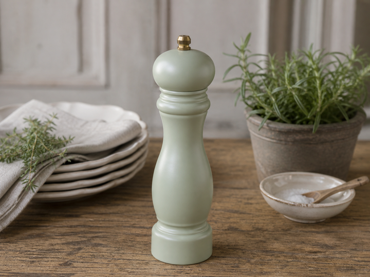 Chic Antique Salz- und Pfeffermühle in Grün auf Holztisch mit Kräutern im Landhausstil