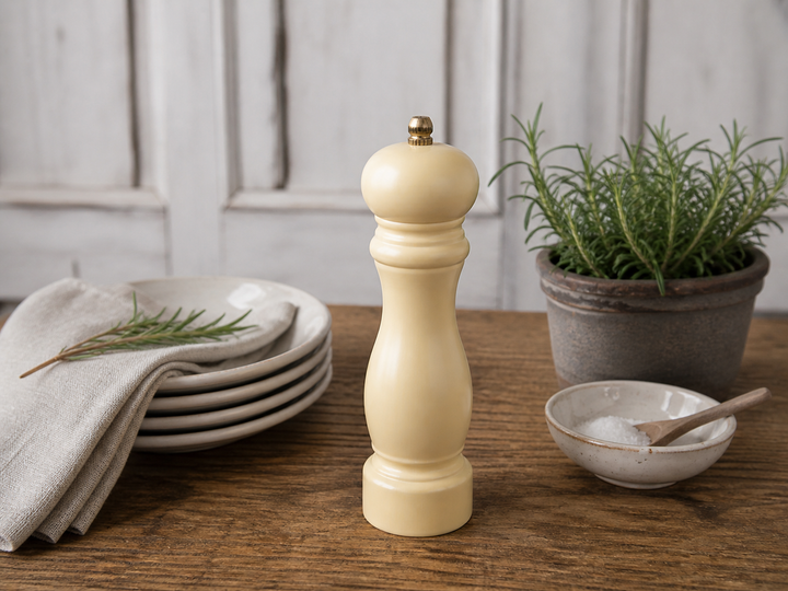 Chic Antique Salz- und Pfeffermühle in Honigfarbe auf Holztisch im Landhausstil