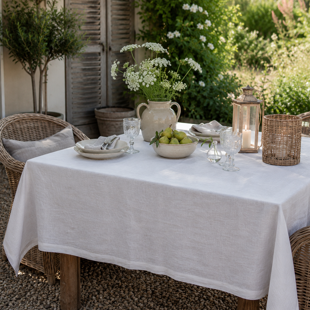 Chic Antique Tischdecke aus 100 % Leinen in Creme auf sommerlich gedecktem Landhaus-Tisch im skandinavischen Stil