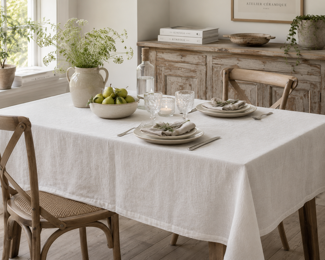 Cremefarbene Leinen-Tischdecke von Chic Antique in heller skandinavischer Esszimmer-Dekoration mit natürlichem Leinenlook