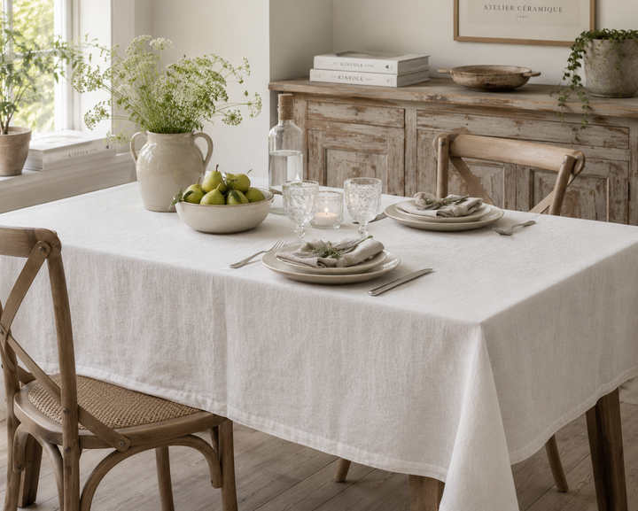 Cremefarbene Leinen-Tischdecke von Chic Antique in heller skandinavischer Esszimmer-Dekoration mit natürlichem Leinenlook