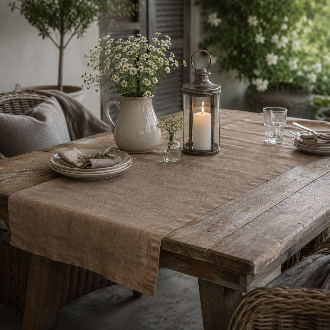 Chic Antique Tischläufer aus Leinen in Bernstein auf rustikalem Holztisch im Landhausstil dekoriert