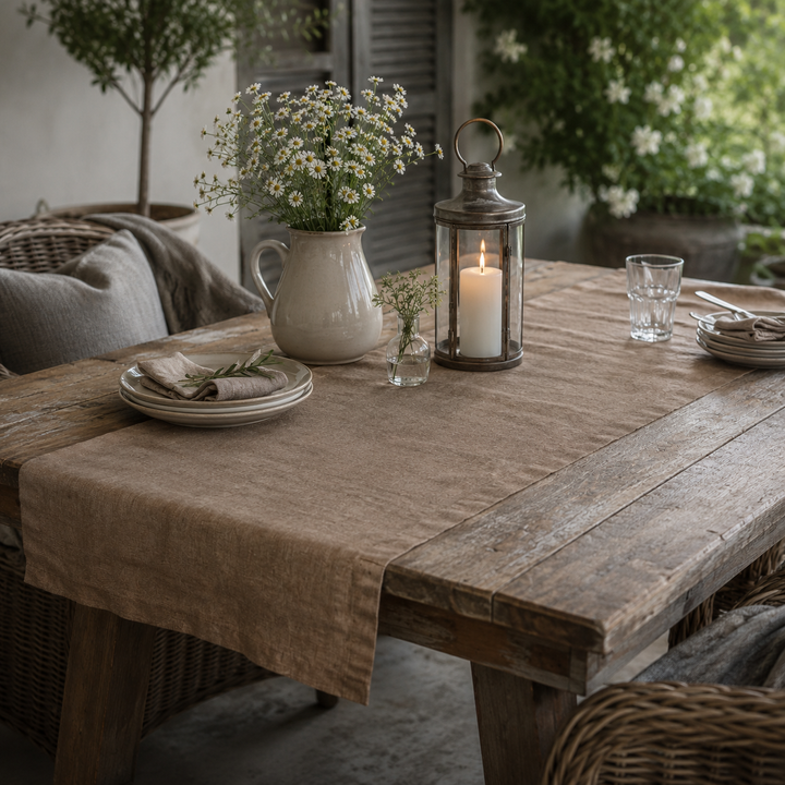 Chic Antique Tischläufer aus Leinen in Bernstein auf rustikalem Holztisch im Landhausstil dekoriert