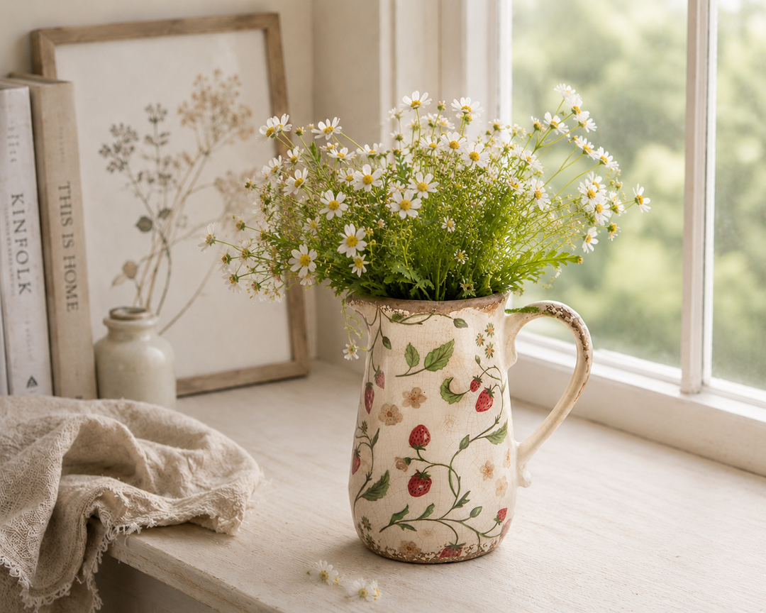 Chic Antique Vase mit Erdbeermuster und weißen Blumen auf Fensterbank im skandinavischen Landhausstil