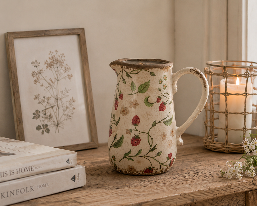 Chic Antique Keramikvase mit Erdbeermuster auf rustikalem Holztisch im Vintage Landhausstil