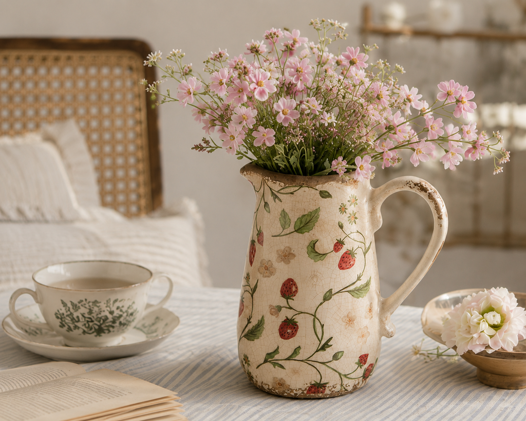 Chic Antique Vase mit Erdbeermuster und rosa Blumen im romantischen skandinavischen Hygge Stil