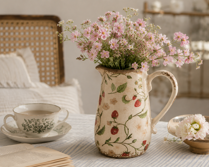 Chic Antique Vase mit Erdbeermuster und rosa Blumen im romantischen skandinavischen Hygge Stil