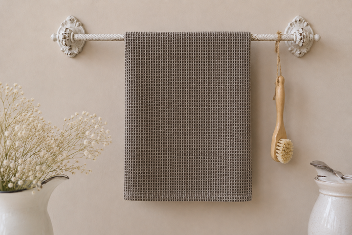 Chic Antique Waffel Geschirrtuch in Taupe an nostalgischem Handtuchhalter im skandinavischen Landhausstil