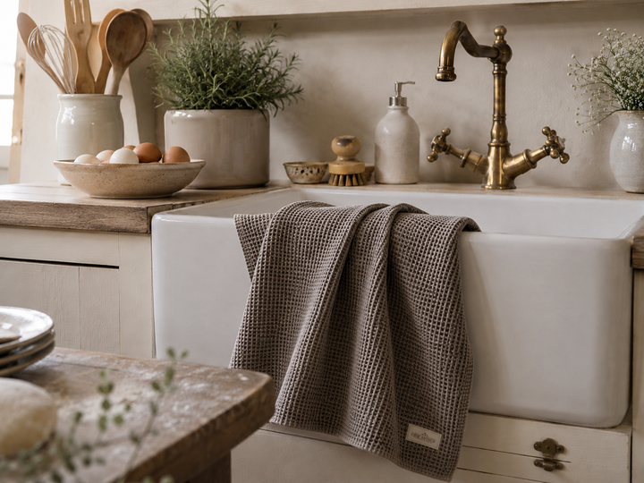 Chic Antique Waffel Geschirrtuch in Taupe am weißen Spülbecken in heller skandinavischer Landhausküche dekoriert