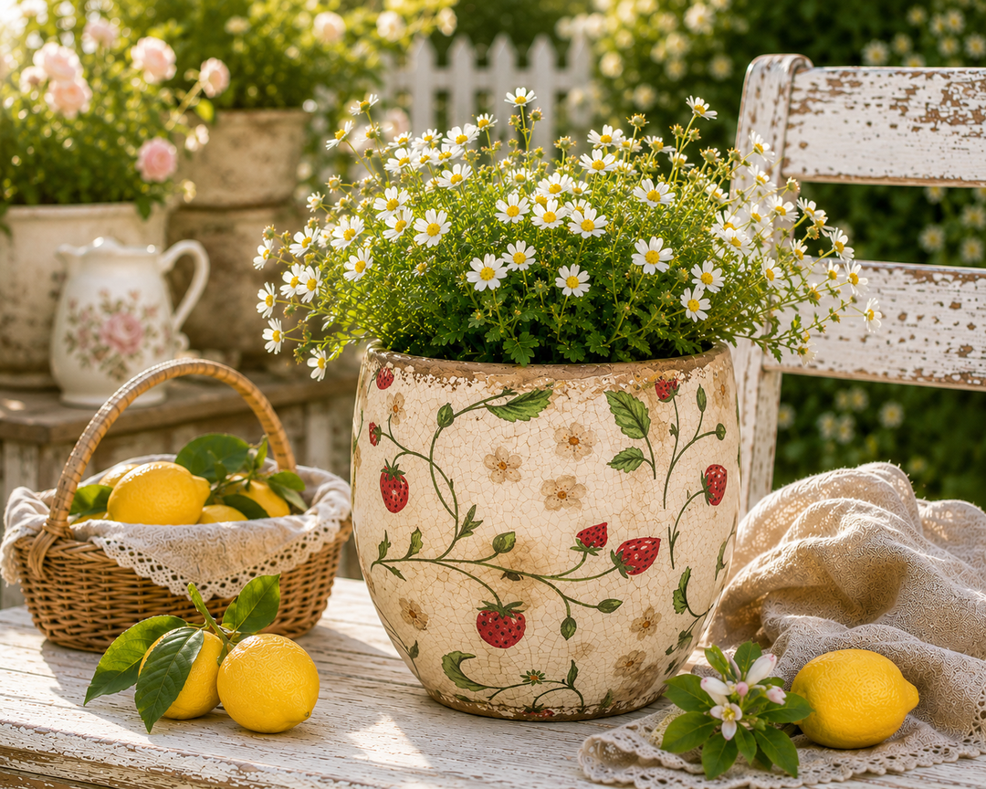 Clayre & Eef Blumentopf mit Erdbeermotiv im sommerlichen Garten auf weißem Holztisch mit Zitronen und weißen Blumen