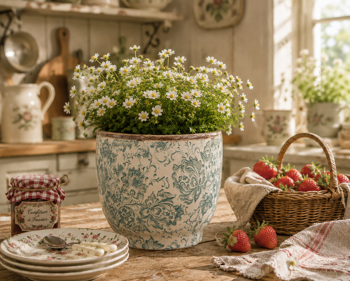Clayre & Eef Blumentopf mit blauem Ornamentmuster auf rustikalem Küchentisch mit Erdbeeren und weißen Blumen