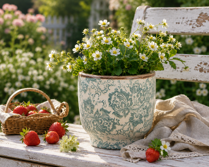 Clayre & Eef Blumentopf mit blauem Vintage-Muster im sommerlichen Garten mit weißen Blüten und Erdbeeren dekoriert