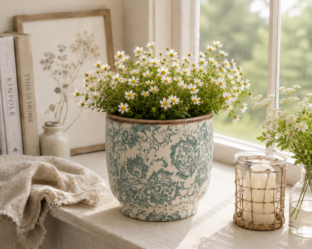 Clayre & Eef Blumentopf mit blauem Barockmuster auf heller Fensterbank im skandinavischen Landhausstil dekoriert