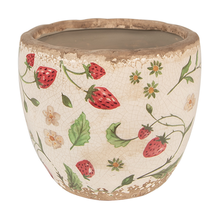 Clayre Eef Blumentopf Beige Rot mit Erdbeermotiv aus Keramik im Landhausstil