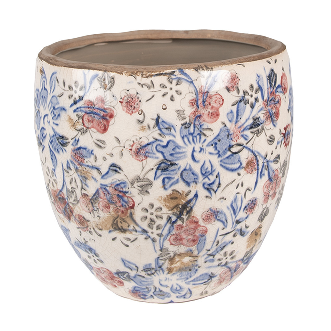 Clayre & Eef Innenblumentopf Ø 18 cm blau beige mit Blumenmotiv aus Keramik im Landhausstil